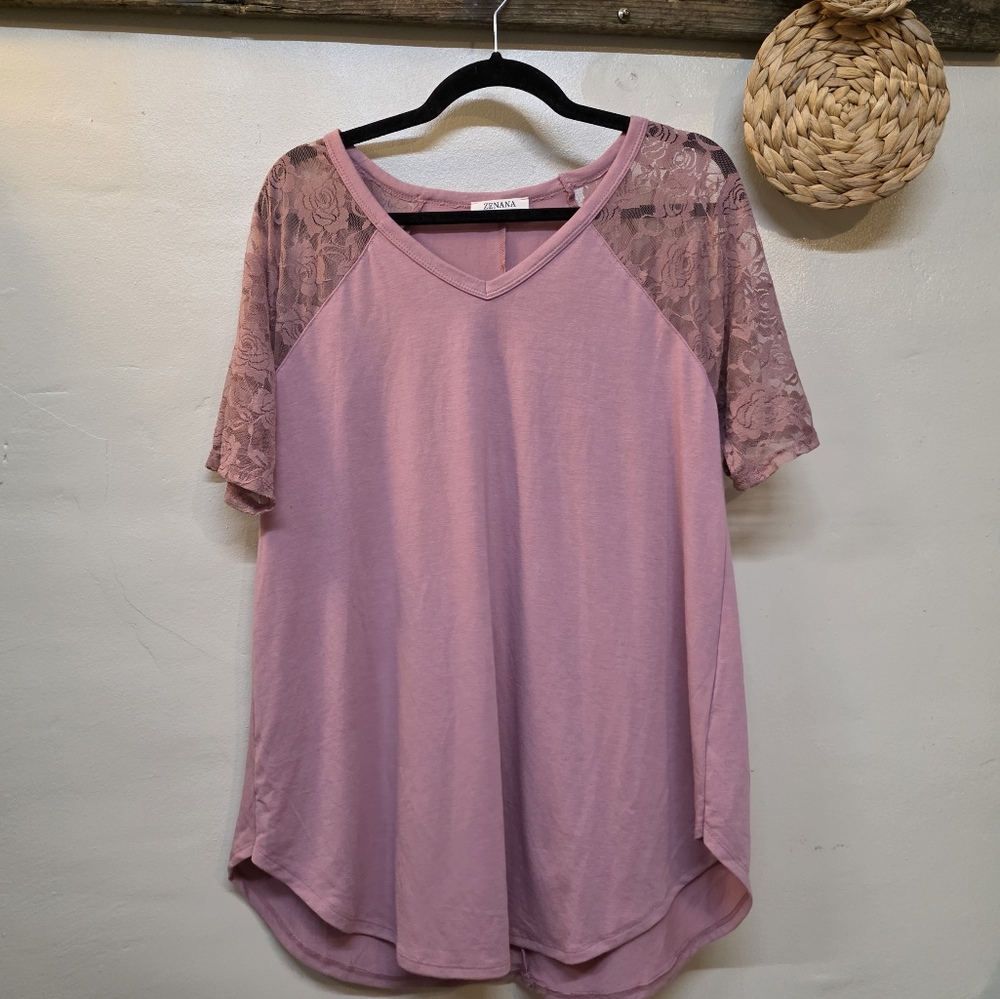 ZENANA Pink Shirt With Lace Sleeves